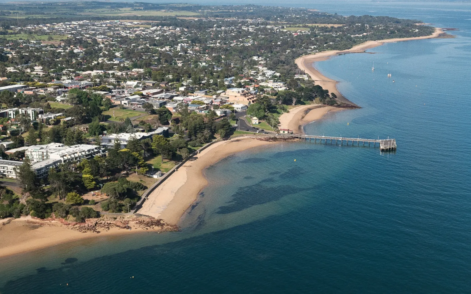 Aerial view of Cowes township and foreshore on Western Port.