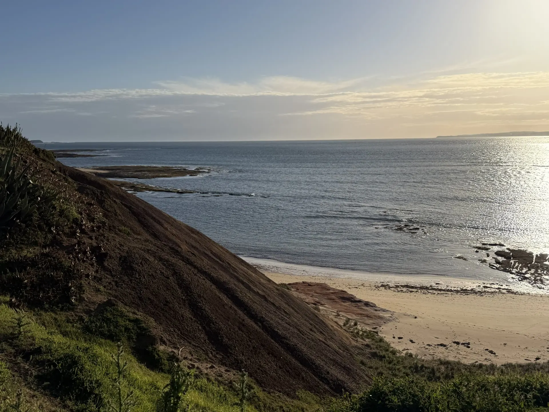 Steep grassy headland dropping to a small sandy beach and rock platforms, with sunlight on the sea